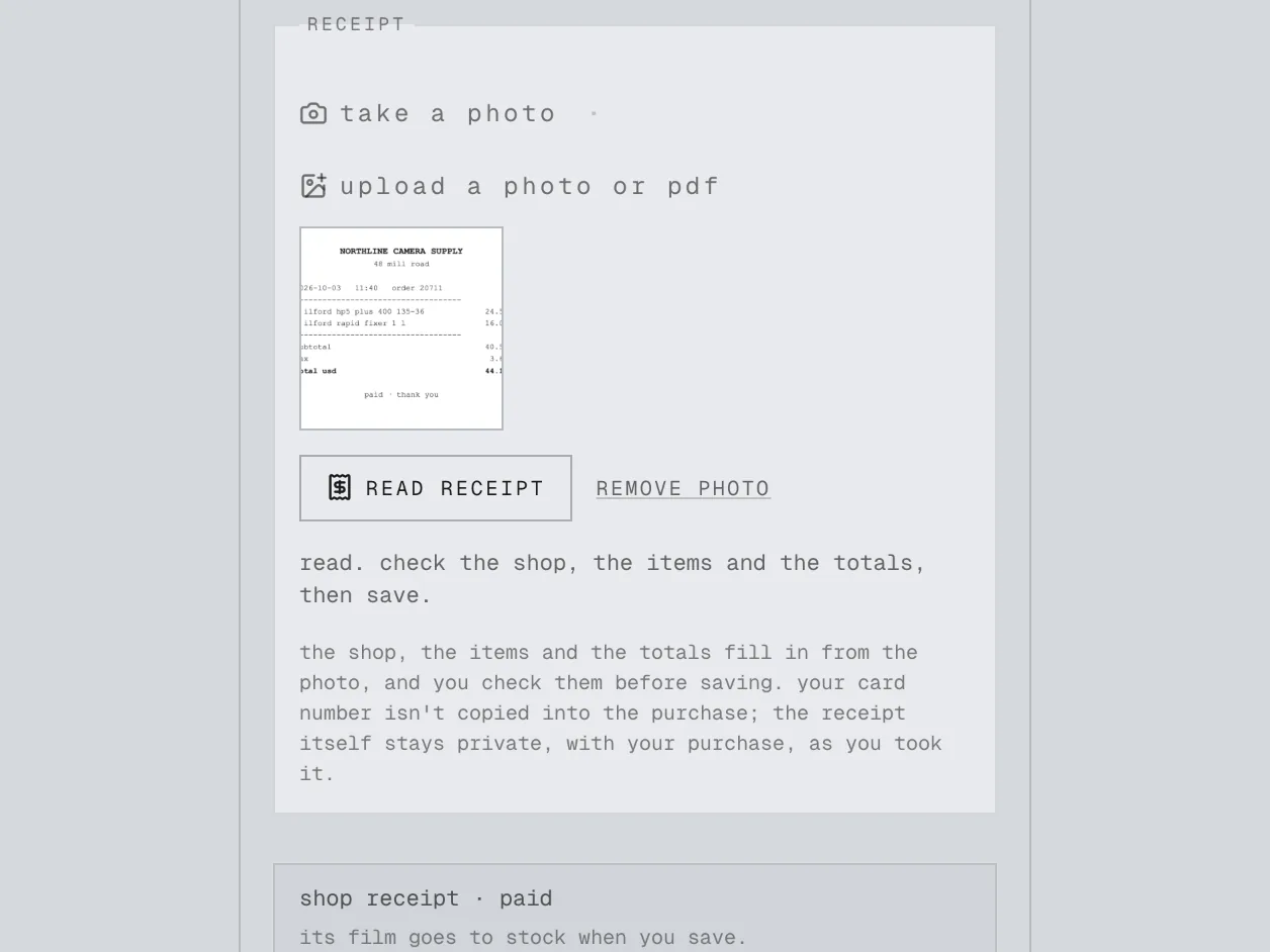 an example from a fictional practice. lab's purchase form with a camera shop's receipt photo, read, and the shop and date filled in to check before saving.